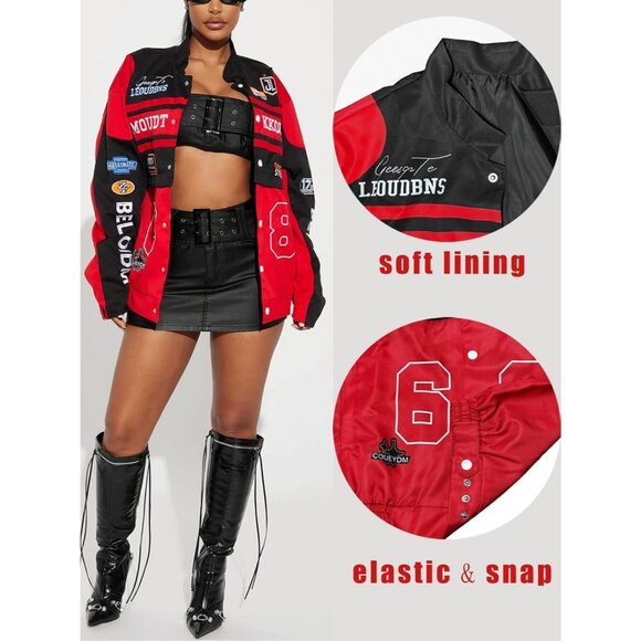 Women Varsity Jacket Motorcycle Racer Detachable Letter Graphic Jackets Red - Picture 3 of 9